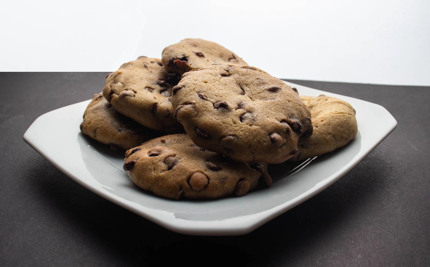 Chocolate chip cookies on a fully visible white plate